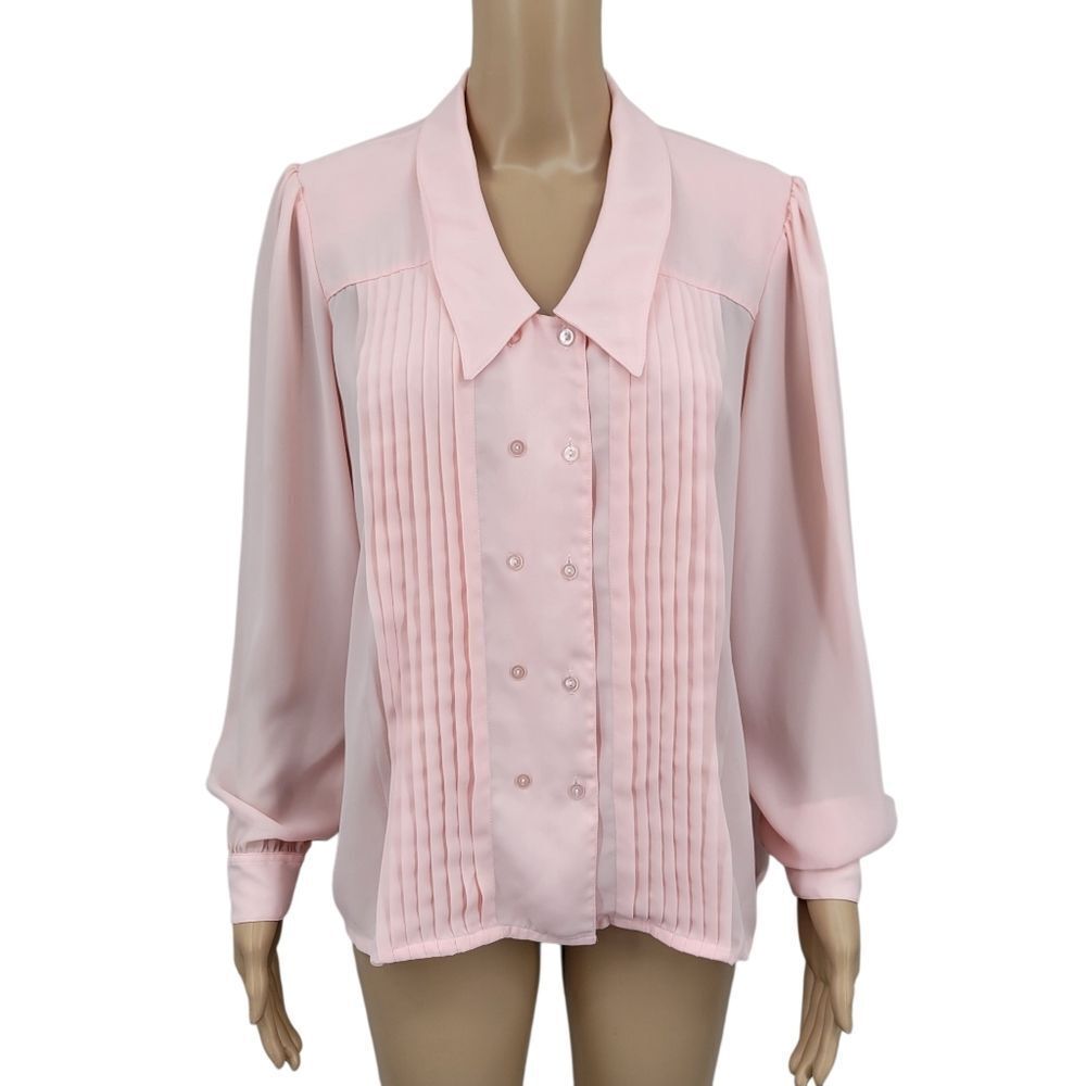 Shapely Vintage Double Breasted Pastel Pink Chiffon Pointed Collar Blouse Pleats